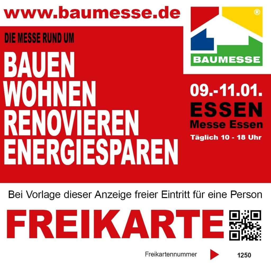Baumesse Freikarte 2026 â kostenlos zur Baumesse Essen mit einer Wildcard fĂŒr alle Tage Freikarte fĂŒr die Baumesse Essen â Die Messe rund um Bauen, Wohnen, Renovieren