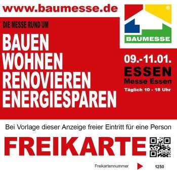 Baumesse Freikarte 2026 – kostenlos zur Baumesse Essen mit einer Wildcard für alle Tage Freikarte für die Baumesse Essen – Die Messe rund um Bauen, Wohnen, Renovieren
