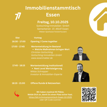 Immobilienstammtisch Essen – Austausch, Wissen & Networking mit Gottschling Immobilien Veranstaltungsplakat Immobilienstammtisch Essen am 10.10.2025: Austausch, Wissen und Networking, GOTTSCHLING Immobilien GmbH